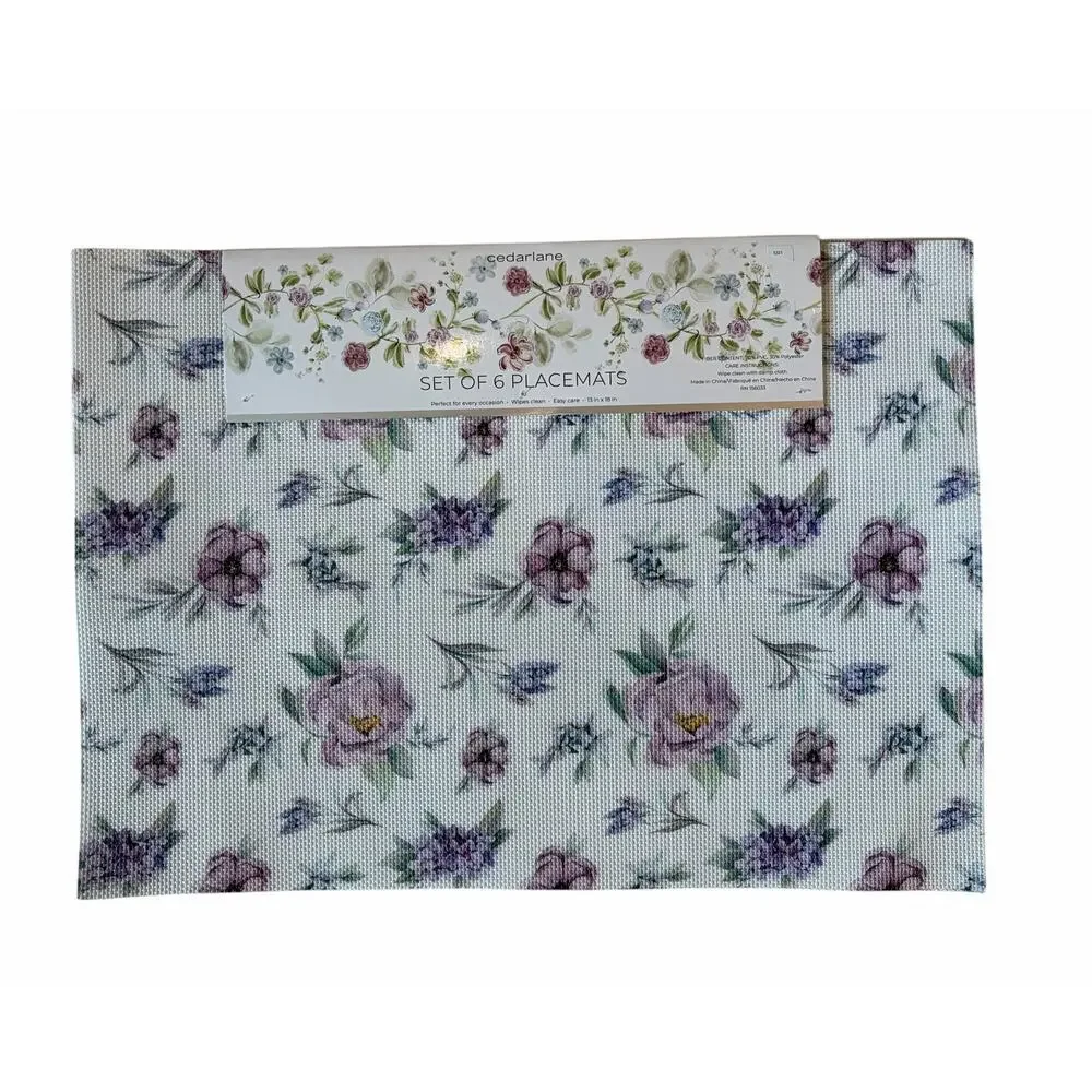 Cedarlane Purple Floral Placemats 13x18 Set of 6 Easy Care NEW